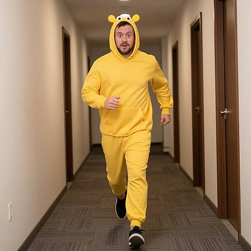 Photograph of a bearded man in a yellow Pikachu onesie with bear ears, running down a carpeted hallway with brown doors.