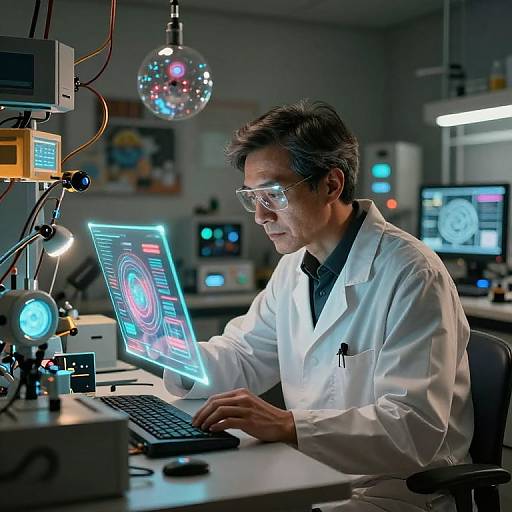 Photograph of a middle-aged male scientist with gray hair, wearing glasses and a white lab coat, intensely focused on a glowing laptop in a high-tech