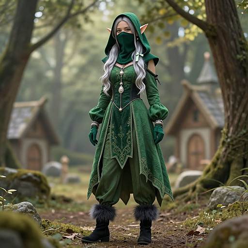 Photorealistic fantasy image of an elven woman in green hooded dress, mask, gloves, and boots, standing in a mystical forest with wooden