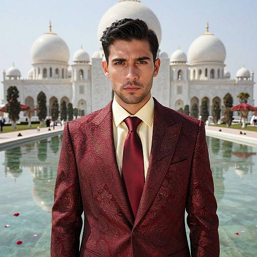 Photograph of a serious, dark-haired man in a maroon patterned suit and red tie, standing in front of a white domed mosque with