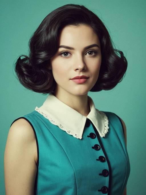 Woman in Vintage Style Blue Dress with White Collar