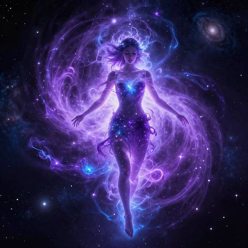 Digital art: Silhouetted woman floating in space, surrounded by swirling purple and blue cosmic energy with glowing star-like accents.