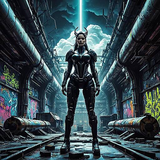 Futuristic Warrior Queen in Cyberpunk Factory