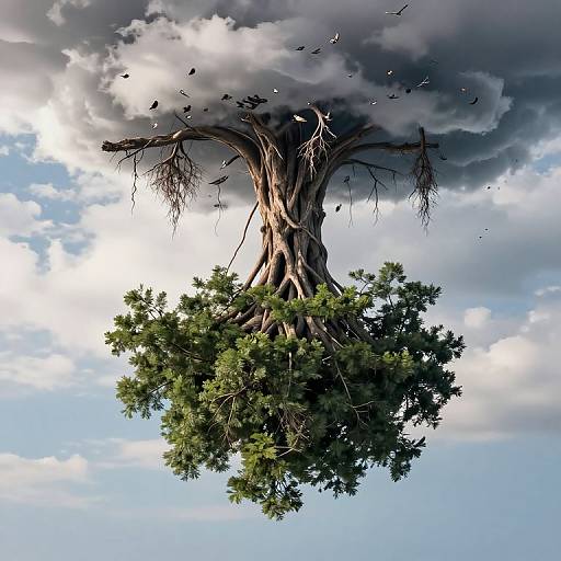 Photorealistic digital artwork of a towering tree with tangled roots and dense green foliage, set against a dramatic cloudy sky with birds flying above.