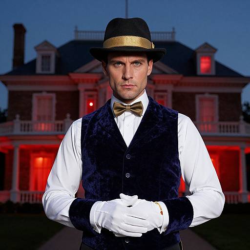 Photograph of a man in a black velvet vest, white shirt, gold bow tie, white gloves, and black hat, standing in front of a