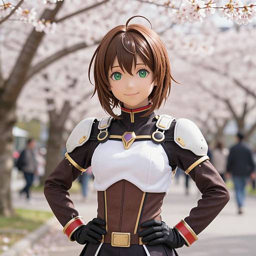 Digital anime-style portrait of a young woman with short brown hair, green eyes, and a white and brown armored outfit, standing confidently in a cherry blossom