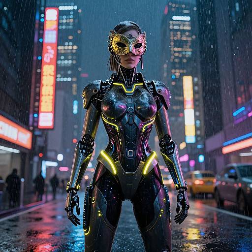 Cybernetic woman in neon-lit, rain-soaked city street, wearing futuristic armor and mask, standing confidently with glowing accents, towering skys