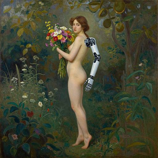 Nude woman with cybernetic arm holding colorful bouquet in lush, dark forest. Realistic painting with detailed textures and vivid colors.