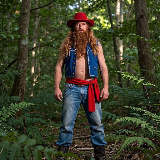 Photograph of a bearded man with long red hair, wearing a red hat, blue vest, red bandana, and jeans, standing in a