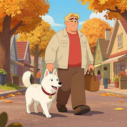 Digital illustration of a chubby, smiling man with blond hair, wearing a beige jacket and red shirt, walking a white dog with a red collar on a