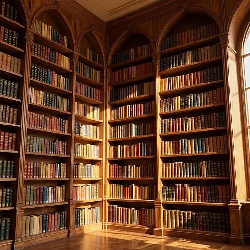Photograph of a sunlit, grand library with tall, arched wooden bookshelves filled with colorful, neatly arranged books, casting warm, golden