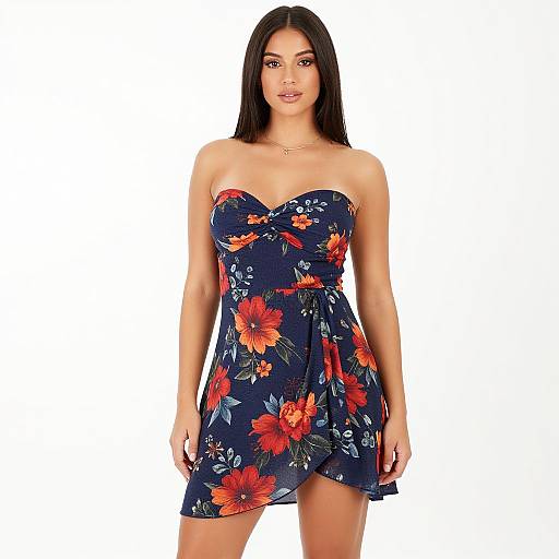 Photograph of a young woman with long black hair, wearing a strapless, dark blue floral dress with orange and red flowers, standing against a plain