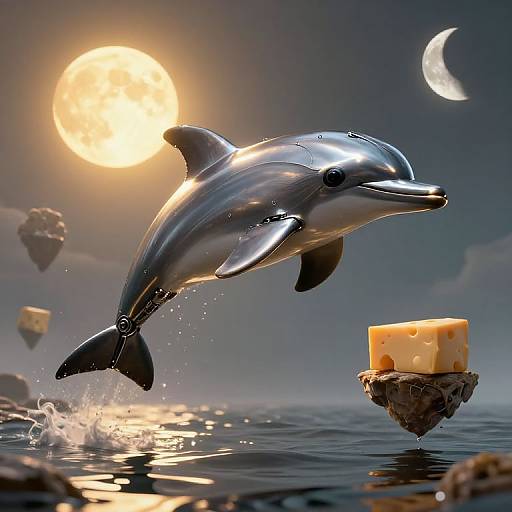 Photorealistic CGI of a silver dolphin leaping towards a floating cube of cheese under a full moon, crescent moon, and cloudy night sky,