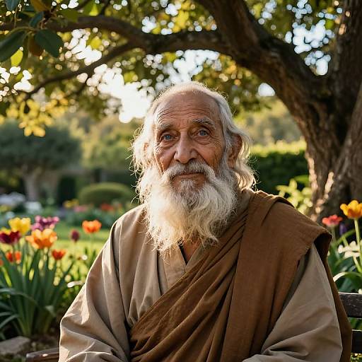 Photograph of an elderly man with a long white beard, wearing a brown robe, sitting in a sunlit garden with blooming flowers and a large