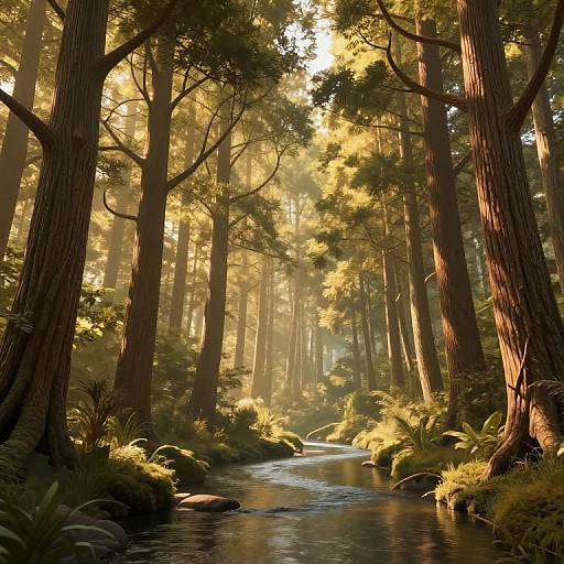Photorealistic digital artwork of a sunlit redwood forest, featuring a gently flowing stream, ferns, and towering trees with dappled sunlight