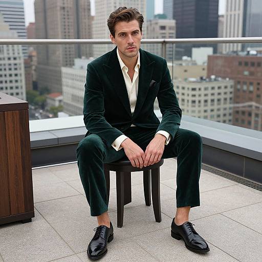 Photograph of a serious, handsome man with short brown hair, in a dark green velvet suit, white shirt, black shoes, sitting on a chair