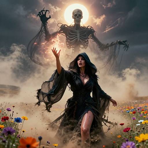 Digital artwork: Dark-haired woman in tattered black dress confronts skeletal, glowing figure with outstretched hands, amidst colorful flower field and misty