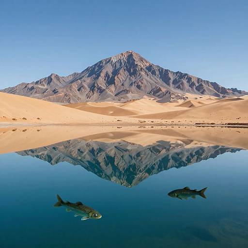 Photograph of a serene desert landscape with golden sand dunes, a reflective water body mirroring a rugged mountain, and two fish swimming below the surface