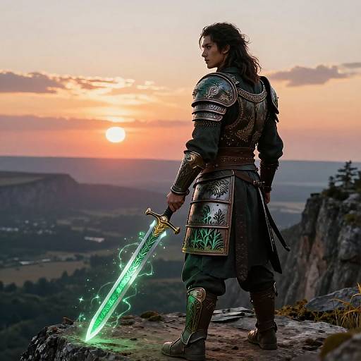 Epic photograph: muscular, long-haired warrior in detailed armor with glowing green sword, standing on rocky cliff at sunset, overlooking vast landscape.