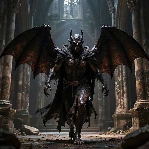 Half-Bat Human in Ruined Cathedral