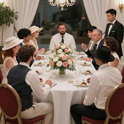 Formal Dinner Gathering with Floral Centerpieces