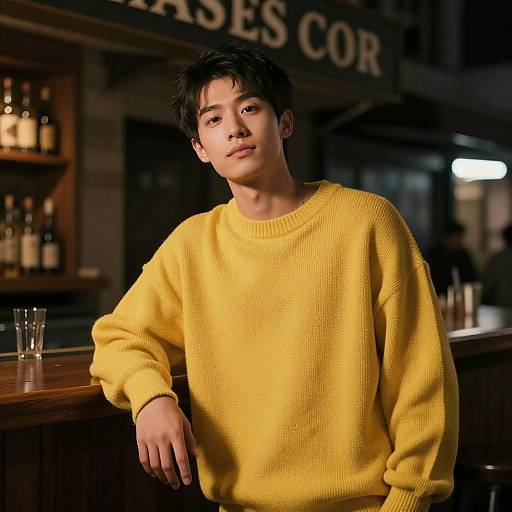 Yellow Oversized Sweater Night Bar Portrait