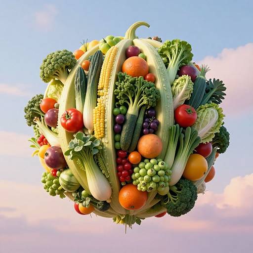 Photorealistic CGI of a floating, spherical bundle of colorful fruits and vegetables, including corn, tomatoes, green beans, and broccoli, against a blue