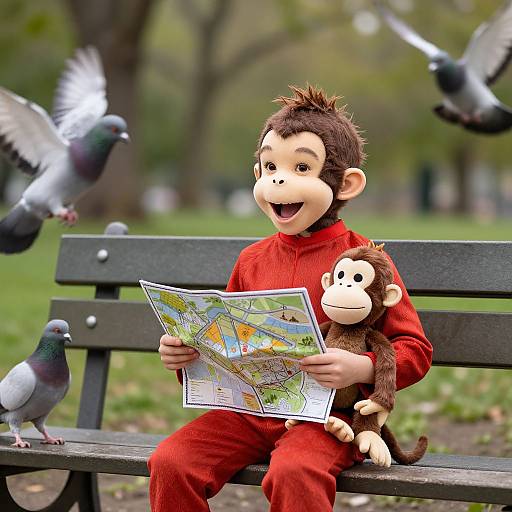 Photograph of a smiling child in red outfit, holding a map and a toy monkey, sitting on a park bench with flying pigeons.