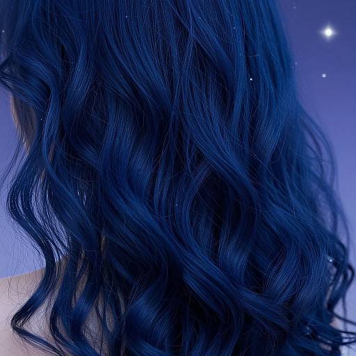 Close-up photograph of wavy, dark blue hair against a gradient blue background with small white star-like dots. Hair appears shiny and voluminous.