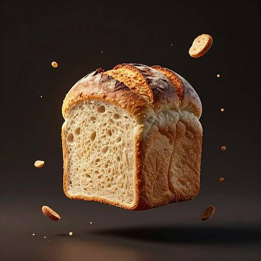 Photorealistic CGI of golden-brown, crusty bread loaf mid-air, with crumbs floating around, set against a dark, gradient background.