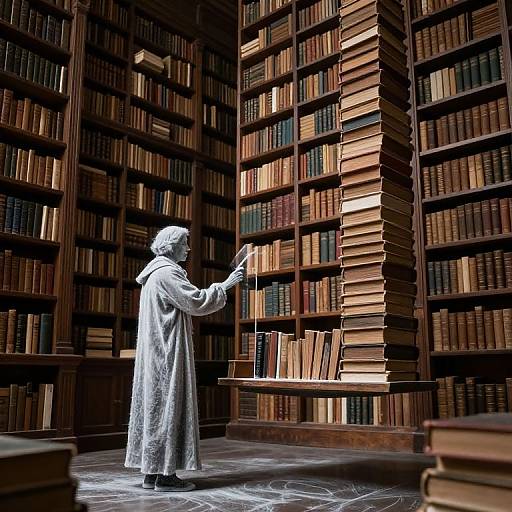 Photograph of an elderly figure in a long robe, pointing at a towering stack of books in a dimly lit, expansive library with shelves of books