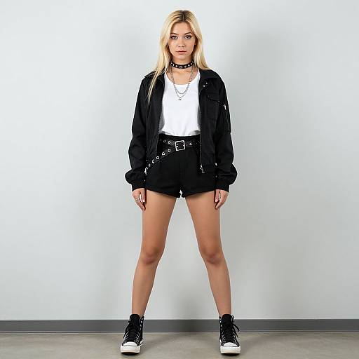 Photograph of a blonde woman with a choker, white tank top, black jacket, high-waisted shorts, belt, and black sneakers,