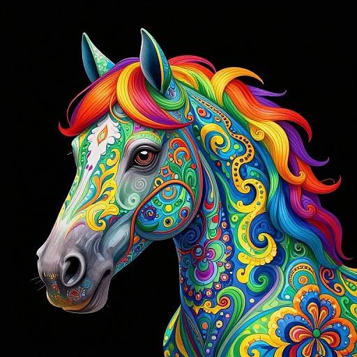 Vibrant digital artwork of a horse's head adorned with colorful, intricate floral and swirl patterns in rainbow hues on a black background.
