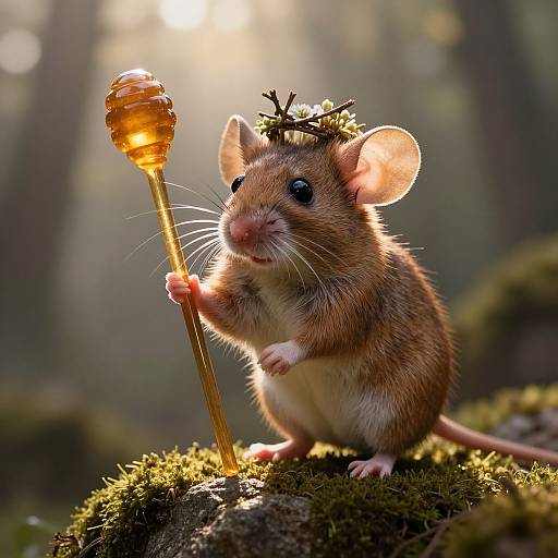 Photograph of a cute, brown mouse with a honeycomb-tipped stick and twig crown, sitting on moss in a sunlit forest.