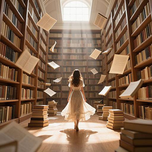 Photograph of a woman in a white dress, with long brown hair, walking through a sunlit library with books flying around, stacks on the floor