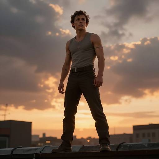 Photograph of a muscular, curly-haired man in a gray tank top and black pants, standing confidently against a dramatic sunset sky.