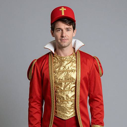 Photograph of a young man with fair skin and dark hair, wearing a red military-style jacket with gold accents, white collar, and red cap with