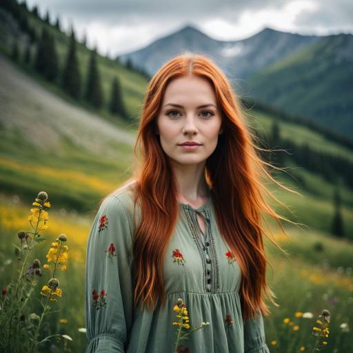 Redhead Woman in Green Dress in Mountain Meadow