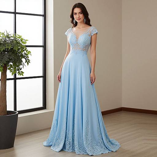 Photograph of a brunette woman in a light blue, lace-embellished, floor-length gown with short sleeves, standing in a bright room by