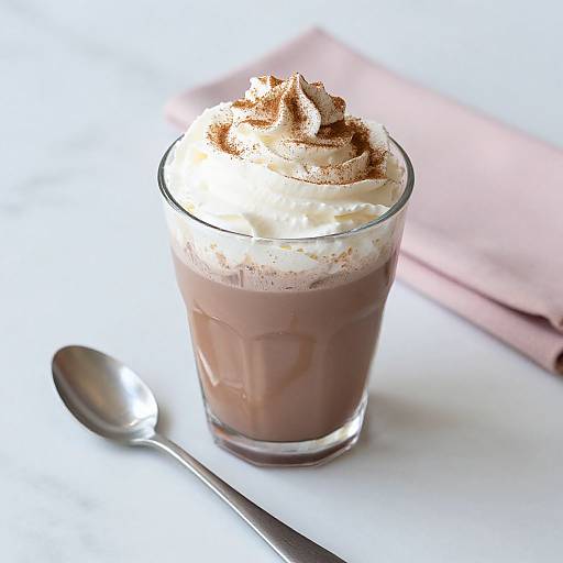 Photograph of a glass of chocolate mousse topped with whipped cream and cocoa powder, with a silver spoon on the left.
