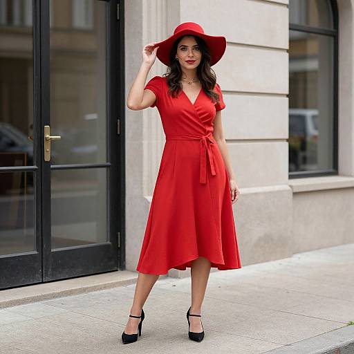 Photograph of a woman in a red dress and wide-brimmed hat, black heels, standing confidently on a city sidewalk.