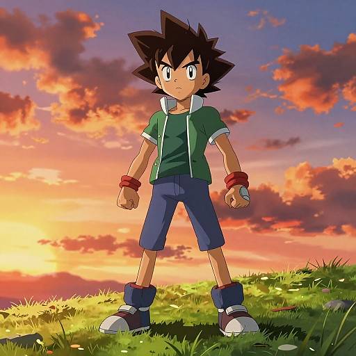 Anime-style drawing of a spiky-haired boy in green hoodie, blue shorts, red wristbands, standing confidently on grass at sunset.
