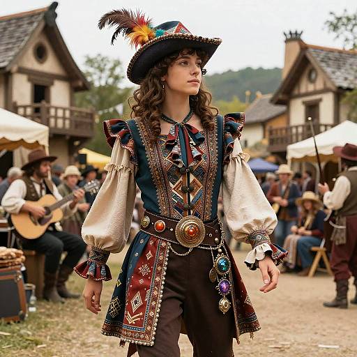Photograph of a curly-haired woman in elaborate 17th-century Renaissance attire with feathered hat, detailed vest, and belt, walking through a rustic