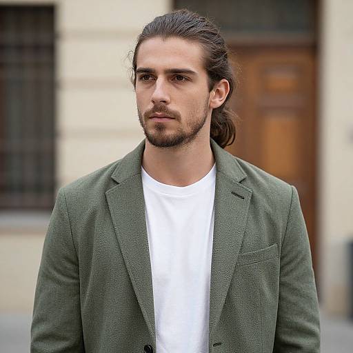 Photograph of a young man with long, dark hair in a ponytail, light olive skin, and a trimmed beard, wearing a green blazer