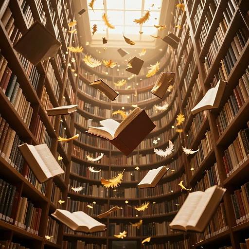Photograph of a grand library with towering shelves of books, glowing sunlight streaming from the ceiling, and floating open books and golden leaves.