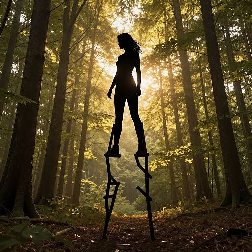 Silhouetted woman standing on two crutches in a sunlit forest, rays of sunlight filtering through tall trees. Photograph.