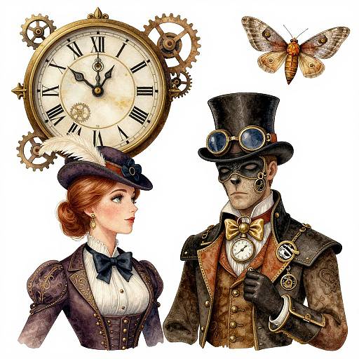 Steampunk illustration: Red-haired woman in Victorian dress, black top-hatted man in goggles and vest, large clock with gears, butterfly.