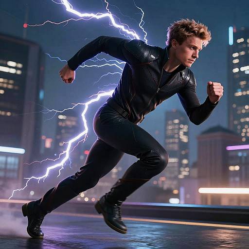 Photograph of a muscular, blond man in black suit, lightning bolts behind, sprinting through a neon-lit, nighttime cityscape.
