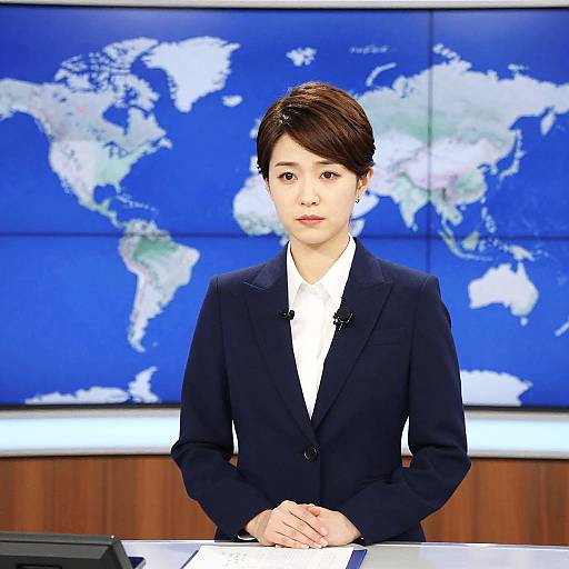 Photograph of an Asian woman with short brown hair, wearing a black suit and white shirt, standing in front of a blue world map, hands clas