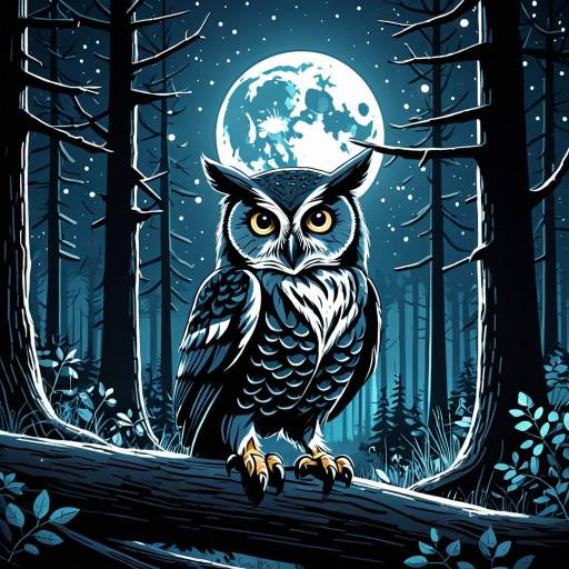 Whimsical Owl in Moonlit Forest Illustration Whimsical Owl in Moonlit Forest Illustration
